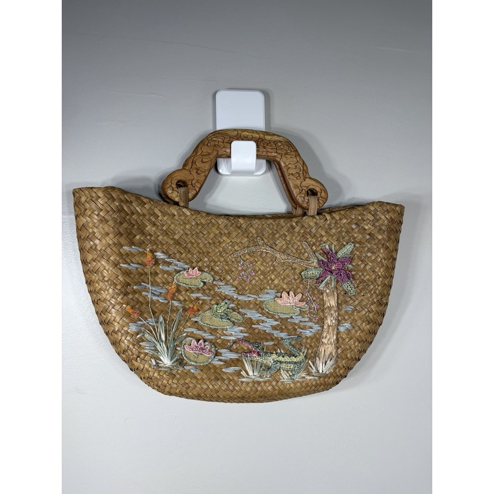 Cappelli Straworld Woven Straw Tote Wood Handle Embroidered Tropical Bag Frog